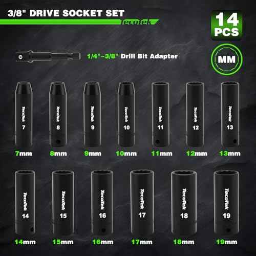 14 Pieces 3/8-Inch Drive Impact Socket Set, 12-Point, Metric, Deep, CR-V, 7mm to 19mm, Drill Socket Adapter 3/8"