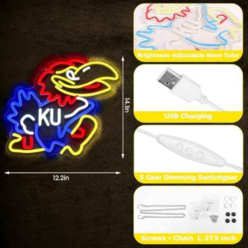 University Basketball Team Neon Sign, Light Up Dimmable College Kansas Hawk Team Logo Led Neon Sign Light Hanging for Wall Decor, Bedroom, Dormitory, Man Cave, Birthday Christmas Gift
