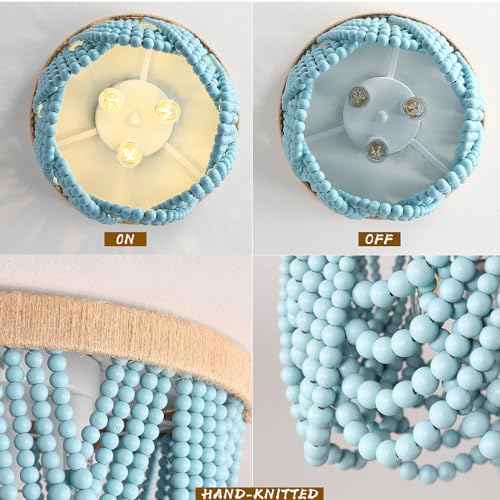 Bohemian Beaded Chandelier - 3 Shallow Wood Beads Ceiling Light for Nursery and Bedroom (Blue)