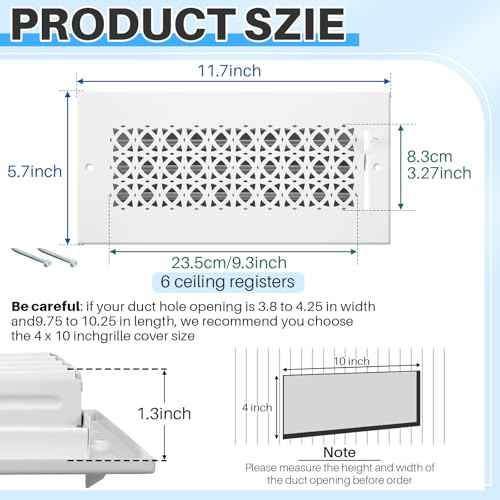 6 Pcs Metal 10 x 4 Inch (Interior Size) White Vent Cover Ceiling Register Decorative 3 Way Air Sidewall Ceiling Wall Vent Covers, Duct Air Cover, Grille Register for Home, Office