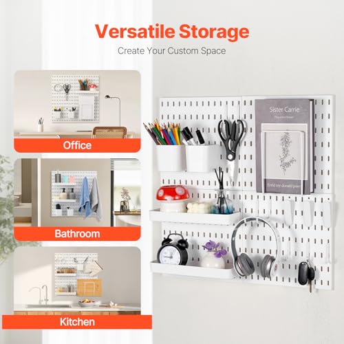VEVOR Pegboard Combination Kit, 11" x 11" Plastic Pegboard, 4 Panels, Peg Board Wall Organizer Kit with Accessories, for Garage Tool Storage Kitchen Living Room Craft Room Office Bathroom Home, White