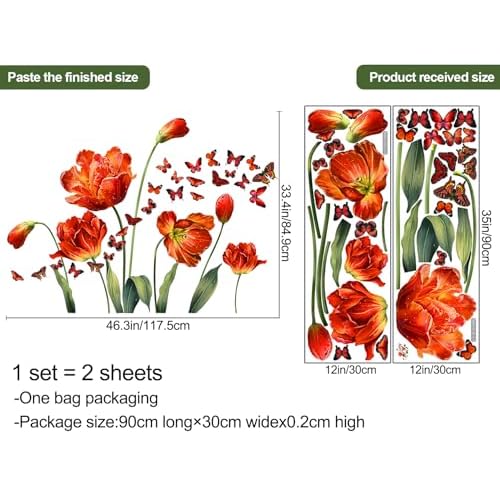 LiveGallery Large Pink Red Flowers Wall Stickers Removable Floral and Butterfly Wall Decal DIY Tulips and Green Leaf Vine Wall Decor for Kids Teens Girls Women Bedroom Nursery Living Room Decoration