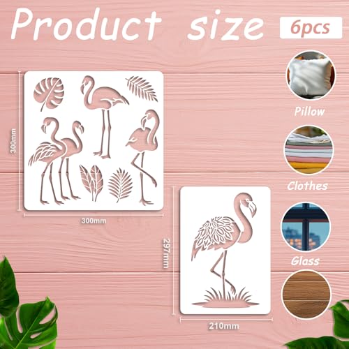 6Pcs Flamingo Stencil PET Painting Templates Drawing Inlay Border Stencils for Furniture Reusable DIY Craft for Wall Wood Fabric Canvas Paper Home Decor 11.7inch