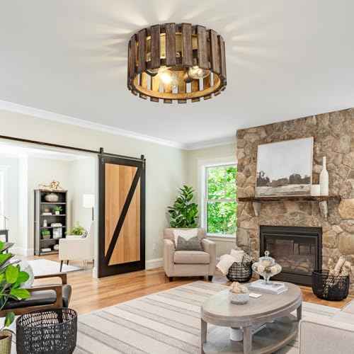 Farmhouse Flush Mount Ceiling Light, 12.2 Inch 3-Light Metal and Wood Close to Ceiling Light Fixture, Rustic Ceiling Light for Kitchen, Dining Room, Living Room, Hallway