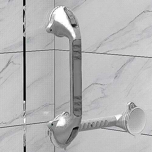 16.5inch Suction Bath Grab Bar with Indicators, Balance Assist Bathroom Shower Handle, Silver/Grey（Pack of 2）
