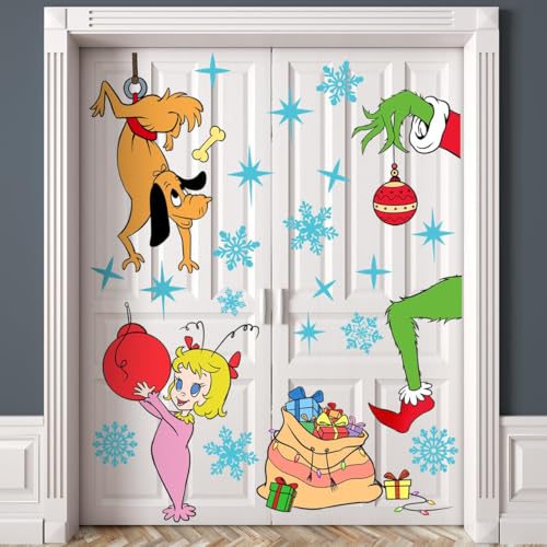 38.97 x 29.92 Inch Cute Christmas Girl Dog Snowflakes Decor Large Xmas Mural Decals for Winter Home Refrigerator Garage Door Wall Window Decoration
