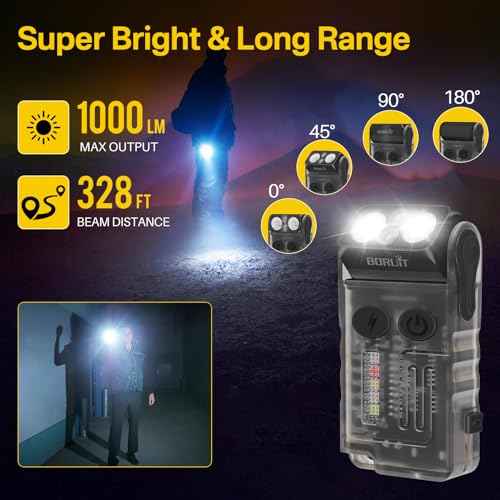 BORUIT V20 LED Small Powerful EDC Flashlight with 365nm UV Light,180¡ÆHead Swivels,Super Bright USB C Rechargeable Mini Pocket Keychain Flash Light with Clip-13 Mode,IP67,Magnetic,110DB Buzzer(Black)