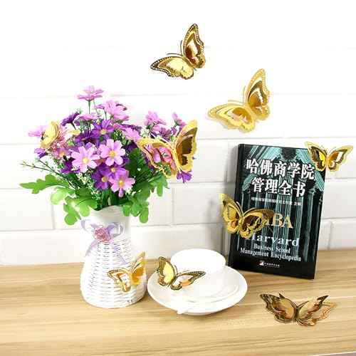 12 Pcs 3 Layers Wing Butterfly Wall Decor Gold 3D Hollow Stickers for Home Bedroom Cake Party Baby Shower Birthday Decorations