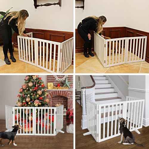ZJSF Freestanding Indoor Dog Gate for House Foldable Wood White Puppy Gate for Doorways Pet Gate for Stairs Extra Wide Pet Fence 24" Height 3 Panels