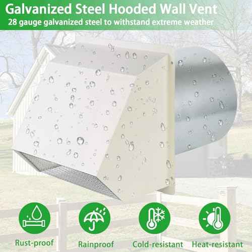 4 Inch Dryer Vent Cover Outside Hooded Wall Vent with Screen and Damper, Exhaust Vent Wall Mount Exterior Wall Vents Cover Cap for Dryer Ventilation&Outdoor Air Exhaust,Galvanized Steel,White