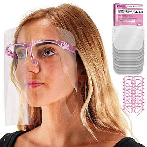 TCP Global Salon World Safety Face Shields with Pink Glasses Frames (Pack of 25) - Ultra Clear Protective Full Face Shields to Protect Eyes, Nose, Mouth - Anti-Fog PET Plastic, Goggles