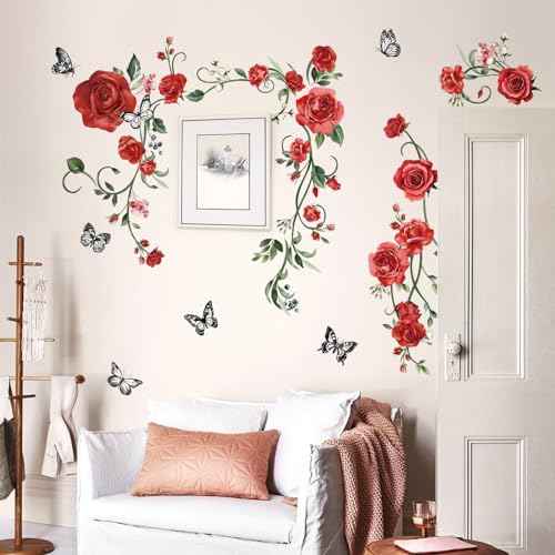 decalmile Red Rose Vine Wall Decals Flowers Butterfly Leaves Wall Stickers Bedroom Living Room Kitchen Wall Decor