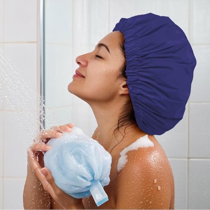 Reusable Shower Cap for Women, Large Waterproof Shower Bonnet with Elastic Band, Washable Bath Hair Cap for Long, Curly Hair, Braids, Daily Shower, Home Spa, Travel(Dark Blue Purple)