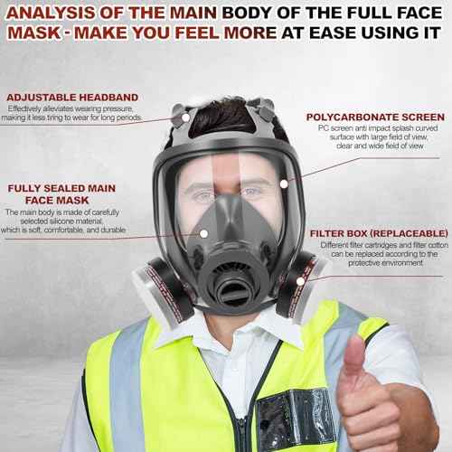 Large Half Face Respirator and Full Face Reusable Gas Mask Against Dust Organic Vapor Chemical Formaldehyde