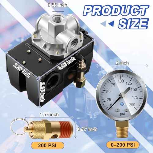 Dreyoo Air Compressor Pressure Switch 135-175 4-Port 20 Amp with 0-200 PSI Gauge and 200 PSI Safety Relief Valve, 1/4" NPT Replacement Pressure Switch Parts for Air Compressor