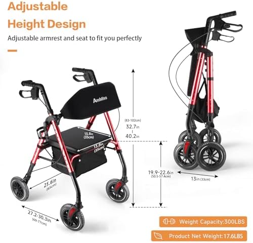Amblisss Walkers for Seniors with Seat, Foldable Rollator Walkers, 300 lbs Weight Capacity, 8" Wheels Dual Height Ajustable, Rolling Walker with Seat for All-Terrain, Red