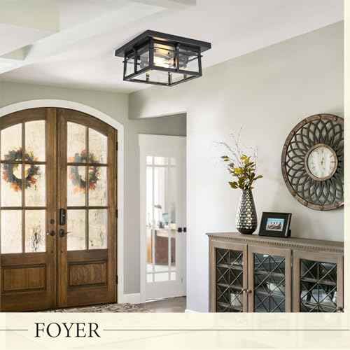 Farmhouse Ceiling Light Fixture Black 2-Light with Clear Glass, Square Flush Mount Ceiling Light for Hallway Kitchen Bedroom Porch