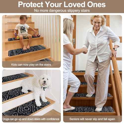 OJIA Boho Stair Treads Non-Slip Stair Runners for Wooden Steps Indoor 15PCS 30"x8" Washable Carpet Stair Treads Stair Mats Staircase Step Treads for Kids, Elders and Dogs, Stair Covers, Black
