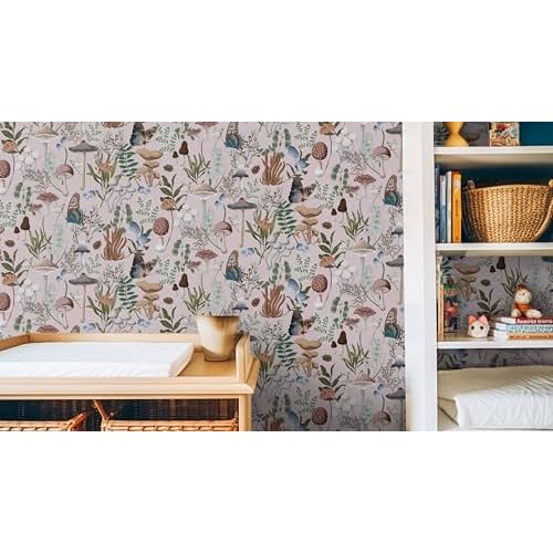 EeeComing Mushroom Peel and Stick Wallpaper Pink Mushroom Wall Paper Fairytale Forest 78.7''x16.14'' Removable Wallpaper Room Bookcase Bathroom Self Adhesive Vinyl