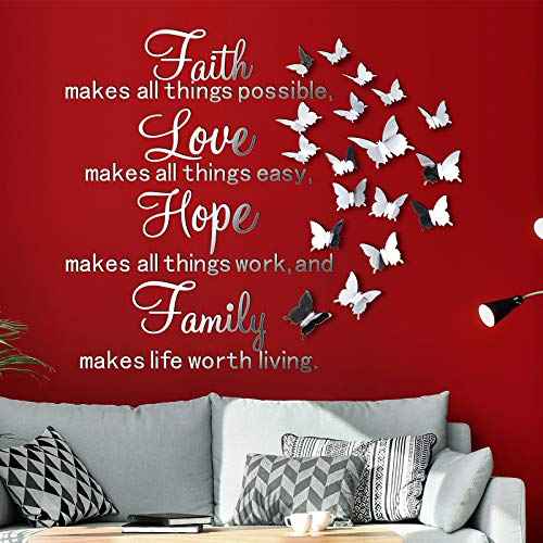 3D Acrylic Mirror Wall Decor Stickers Removable Butterfly Mirror Wall Stickers DIY Faith Makes All Things Possible for Home Office School Teen Dorm Room Decoration(Silver)
