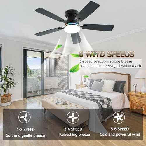 Ceiling Fans with Lights, 48 inch Low Profile Ceiling Fan with Light and Remote Control, Flush Mount RGB Dimmable Light, Noiseless, Black Ceiling Fan for Bedroom Indoor/Outdoor Use