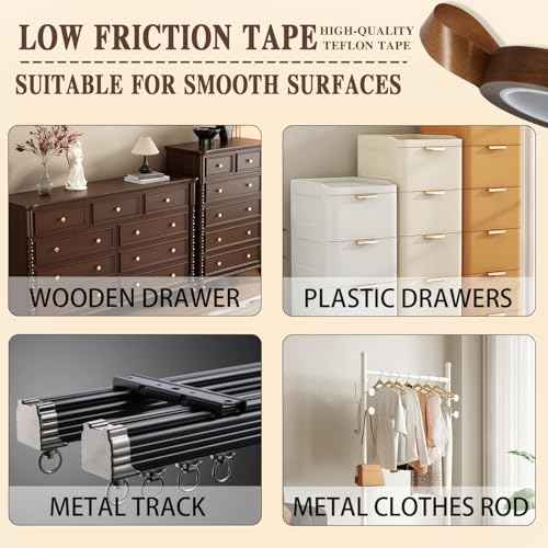 Low Friction Drawer Slide Tape - 2 Rolls 1/2" x33FT, Squeak Resistant & Abrasion Resistance Surface Protection Tape for Furniture, Tools,Wood,Drawer,Cabinet,Curtain(Brown)