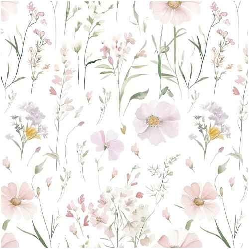 Floral Peel and Stick Wallpaper Boho Contact Paper Self Adhesive Removable Wallpaper Pink Floral 17.3''x78.7'' White Wildflowers Wall Paper for Bedroom Bathroom Art Deco Wall Papers Vinyl Roll