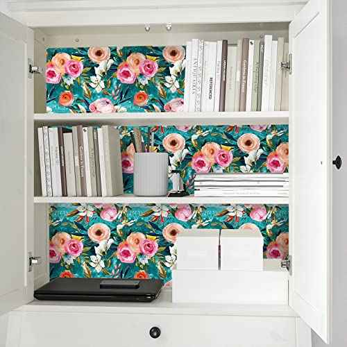 HAOKHOME Floral Peel and Stick Wallpaper Teal Green/Pink Removable Textured for Bedroom Nursery Decorations 17.7in x 6.5ft