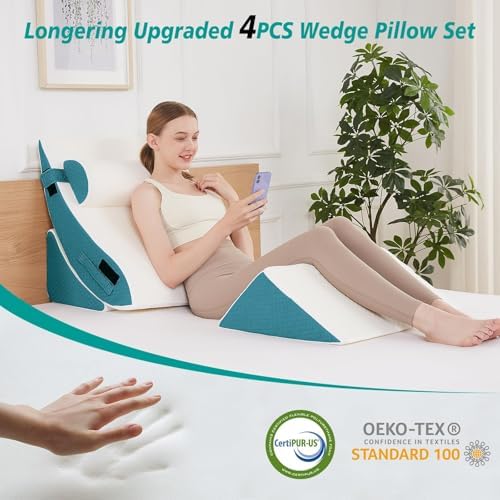 Orthopedic Bed Wedge Pillow Set for Sleeping 4 PCS - Adjustable Triangle Pillow for Neck Leg Support with Washable Cover - 35D Foam Wedge Pillow Post Surgery for GERD & Snoring (White Blue)