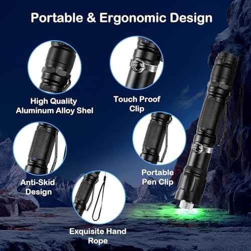 [4 Packs] Green Light Flashlight Rechargeable, Long Range Adjustable Focus Tactical Beam for Outdoor Journeys, Camping, Presentations, TV/LED/LCD Screens, and Stargazing