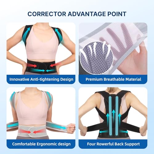 Adjustable Posture Corrector & Back Brace for Women and Men – Full Back and Shoulder Support with Breathable Mesh – Spine Alignment & Neck Pain Relief – Invisible Under Clothes (Black, Medium)