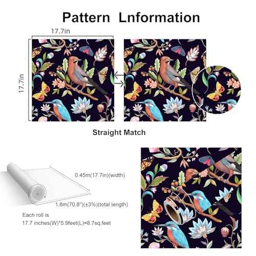 Vintage Black Floral Bird Peel and Stick Wallpaper Dark Botanical Design with Butterfly Removable Self Adhesive Vinyl Contact Paper for Cabinets Bathroom Wallpaper 17.7" x 70.8"