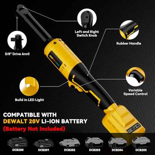 3/8" Extended Cordless Ratchet Wrench for De-Walt 20V Battery, 74Ft-Lbs Brushless Motor Electric Ratchet with 320RPM Variable Speed, 8 Sockets, 3/8" to 1/4" Adapter, 6" Extension Bar (Tool Only)