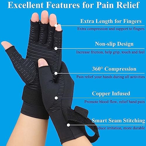 2 Pairs Copper Arthritis Gloves for Women Men, Fingerless Compression Gloves Relieve Hand Pain, Typing Gloves for Arthritis, Carpal Tunnel, Tendonitis, RSI with Adjustable Wrist Strap (Large/X-Large)