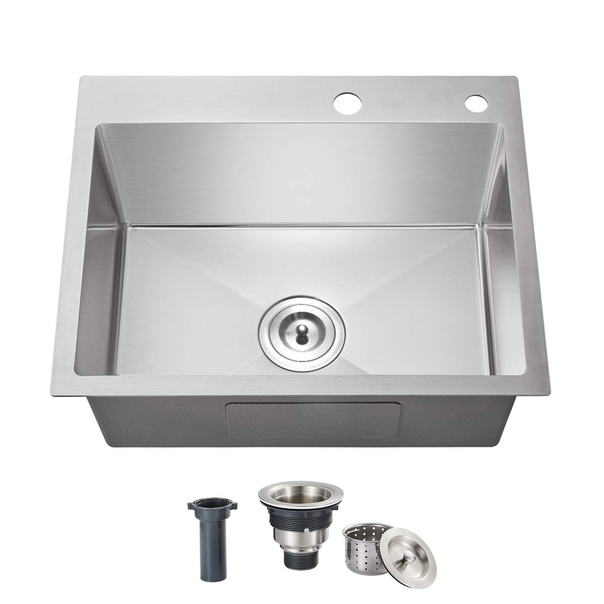 OUGOO 20x16x9 Inch Drop in Kitchen Sink, Handmade 304 Stainless Steel Single Bowl with 2 Holes, R10 Tight Radius, Topmount Installation, for Modern Kitchen/RV Sink, Brushed