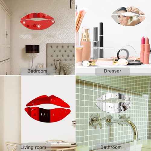 4 Sets 3D Large Lips Mirror Wall Stickers, Kiss Shape Wall Art Decals, Acrylic DIY Self-Adhesive Wallpaper Murals for Bedroom, Living Room, Bathroom Home Decor (2 Pcs Silver and 2 Pcs Red)