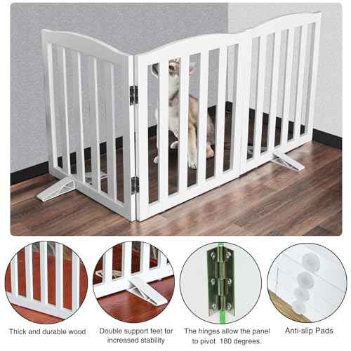 ZJSF Foldable Freestanding Indoor Dog Gate for House Wood White Long Pet Gates Dog Fence for Stairs Puppy Gates for Hallways,Pet Fence, Puppy Gate,Support Feet Included 24 "Height-3 Panels