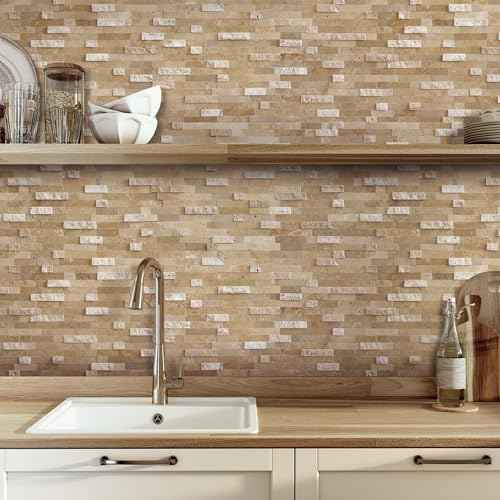 SUNWINGS Peel and Stick Mosaic Natural 3D Stone Self Adhesive Tiles, 12" x 11" 5-Sheet Stick on Backsplash for Kitchen Bathroom Fireplace Vanity, Beige