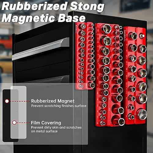SHALL Magnetic Socket Organizer Set, 3-Piece SAE Socket Holders Include 1/4", 3/8", 1/2" Drive Socket Trays, Holds 68 Pieces Standard and Deep Size Sockets for Toolbox (Socket Not Included)
