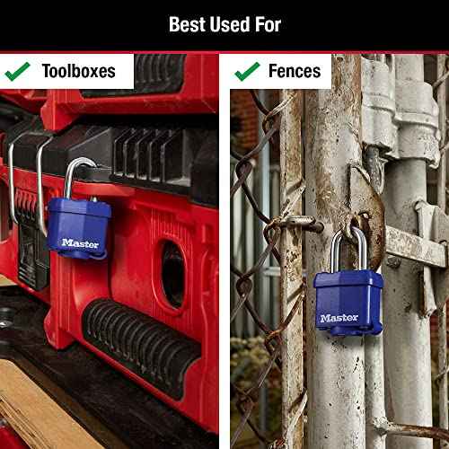 Master Lock 312TRI Laminated Padlock with Key & Thermoplastic Shell, Blue, Pack of 3 Keyed-Alike, 1-9/16-inch