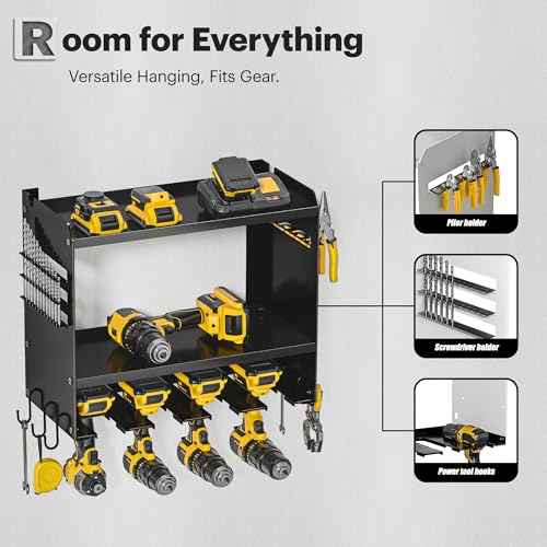 Power Tool Organizer Wall Mount, 15 Min Fast Assembly & Maximum 100lb load by Heavy Duty Metal, 4 Slots for Cordless Drill, Garage Storage Shelf with Hooks, Father/Men/Husband Birthday Gift