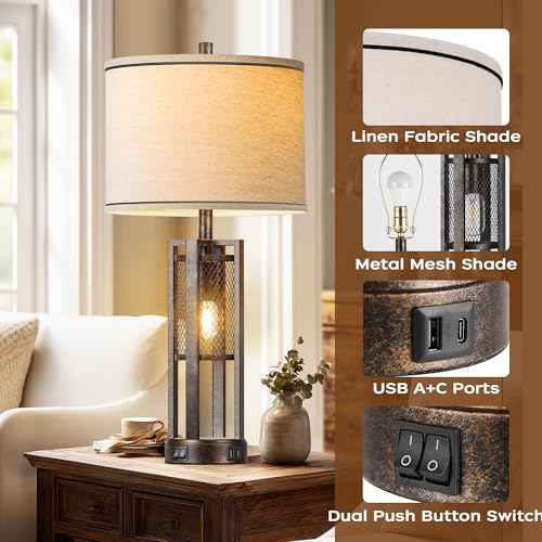 28'' Farmhouse Industrial Table Lamp Set of 2 - Rustic Bedside Nightstand Lamps with Dual USB A+C Ports, Bronze Metal Mesh Nightlight Desk Lamps for Bedroom Living Room, 4 LED Bulbs Included