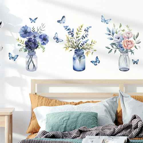 Blue Flower Vase Butterfly Wall Stickers, sacinora Floral Art DIY Wall Decals Removable Vinyl Peel and Stick for Living Room Bedroom Study Room Nursery Decorations