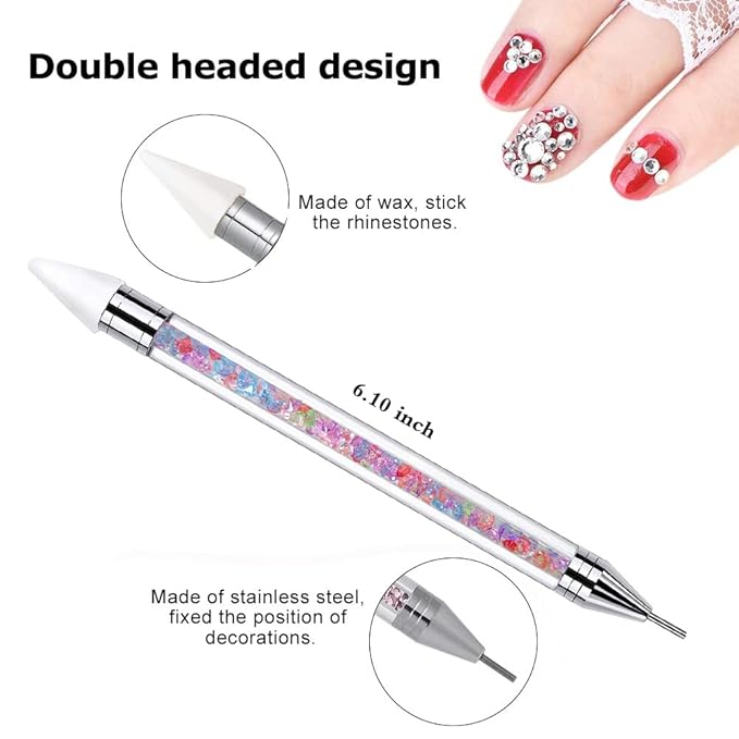 Nail Rhinestone Picker Dotting Tool with Extra 2 Wax Head, Dual-ended DIY Nail Art Tool With Pink Acrylic Handle,Colorful
