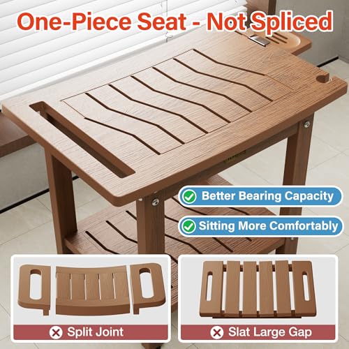 YEFU Shower Chair for Inside Shower: 21 Inch Oversized Waterproof/No Maintenance - Teak Shower Stool with Shelf & Handle 400 LBS - Bathrooms/Outdoor - Non-Slip Easy Assemble Bench for Adult/Elderly