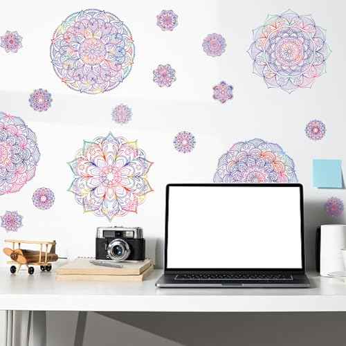 PLIGREAT 2 Sheets Purple Mandala Wall Decal Removable Vinyl Wall Sticker for Bedroom Living Room Yoga Studio Background Wall Mural Decor DIY Creative Art Bohemian Home Indoor Decorative