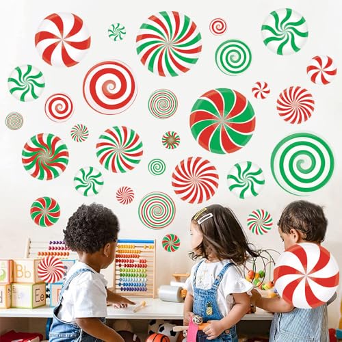 Christmas Holiday Decorations, Red and Green Swirl Candy Cane Peppermint PVC Wall Decals, 64 Pieces
