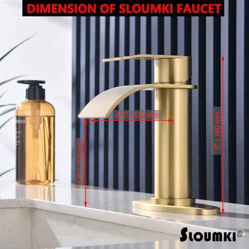 Brushed Gold Waterfall Bathroom Faucet Single Hole, Gold Bathroom Faucet for Sink 1 Hole with 6 in Deck Plate and Pop Up Drain and Supply Hose, Modern Bathroom Sink Faucet