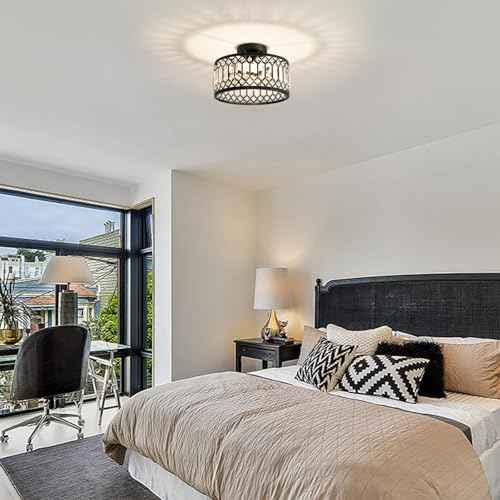 Crystal Black Ceiling Light, Modern Semi Flush Mount Ceiling Lighting Fixture, Round Hallway Lighting Fixtures for Kitchen Entryway Bedroom Laundry Room, 1-Light, 11.4 Inch