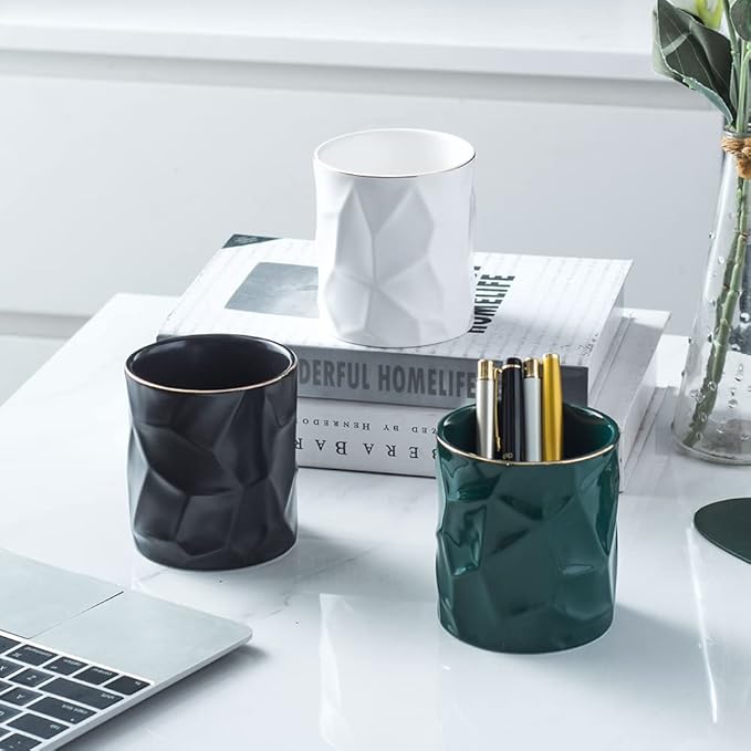 Ceramic Irregular Round Pen Holder For Desk Cute Stand Gold Line Aesthetic Pencil Cup Pot Desk Organizer for Men Women Makeup Brush Holder (Black)
